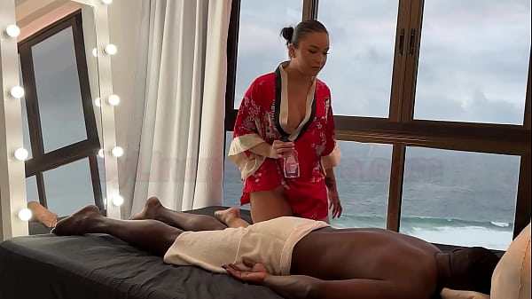 Asian masseuse gives a relaxing massage to a gifted black man who couldn't resist and came inside the hot Latina's pussy - Lina Nakamura